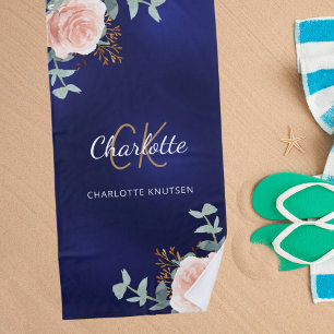 Navy blue rose gold florals monogram initials beach towel