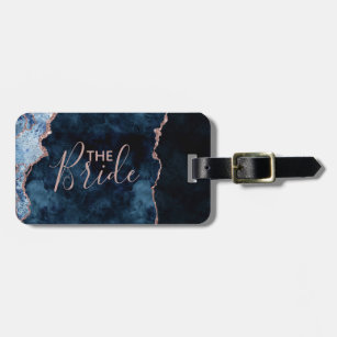 Navy Blue & Rose Gold Foil Agate Marble the Bride Luggage Tag