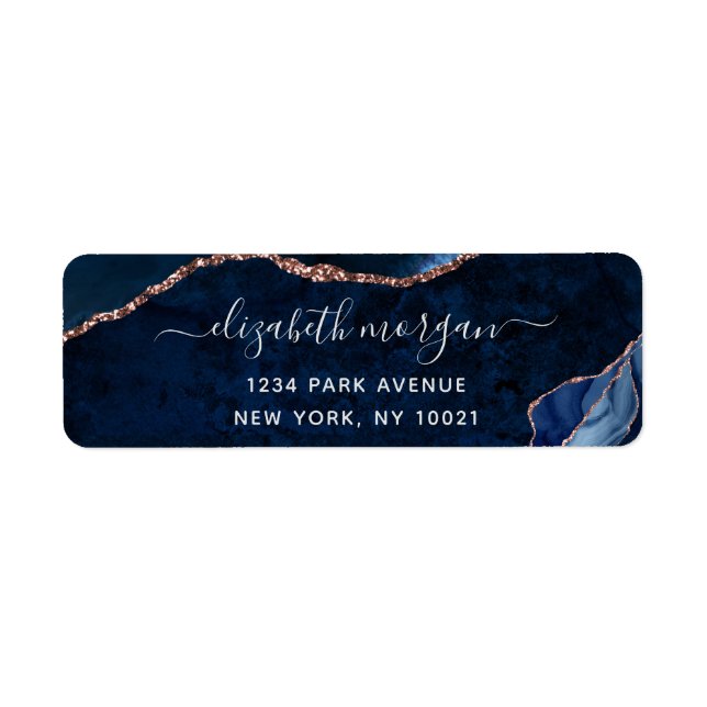 Navy Blue Rose Gold Foil Agate Return Address Label (Front)