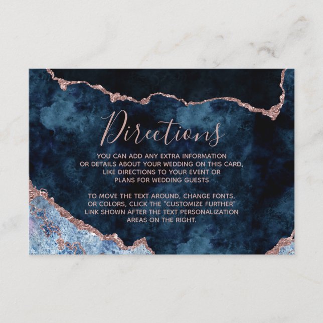 Navy Blue Rose Gold Foil Agate Wedding Directions Enclosure Card (Front)
