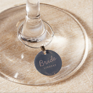 Navy Blue & Rose Gold Foil Chic Bride Personalised Wine Charm