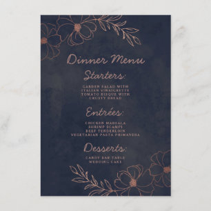 Navy Blue & Rose Gold Foil Floral Border Dinner Menu