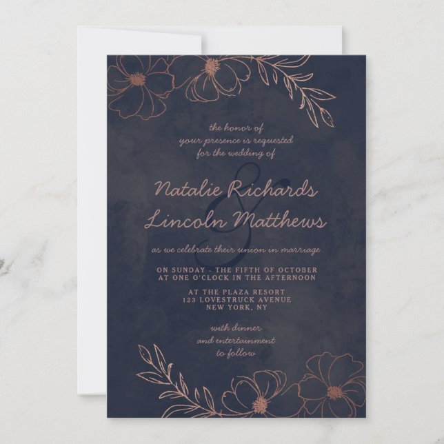 Navy Blue & Rose Gold Foil Floral Border Wedding Invitation (Front)