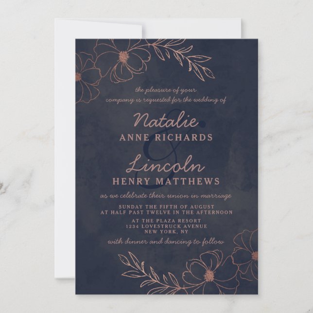 Navy Blue & Rose Gold Foil Floral Framed Wedding Invitation (Front)