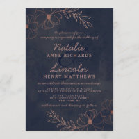 Navy Blue & Rose Gold Foil Floral Framed Wedding