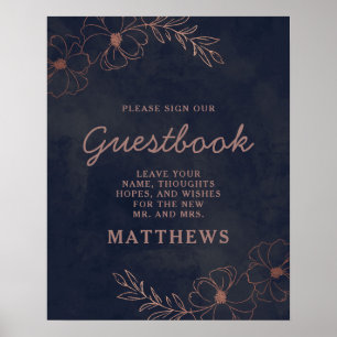 Navy Blue & Rose Gold Foil Floral Guestbook Sign
