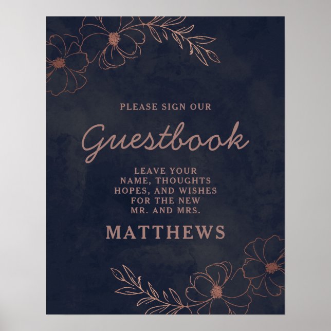 Navy Blue & Rose Gold Foil Floral Guestbook Sign (Front)