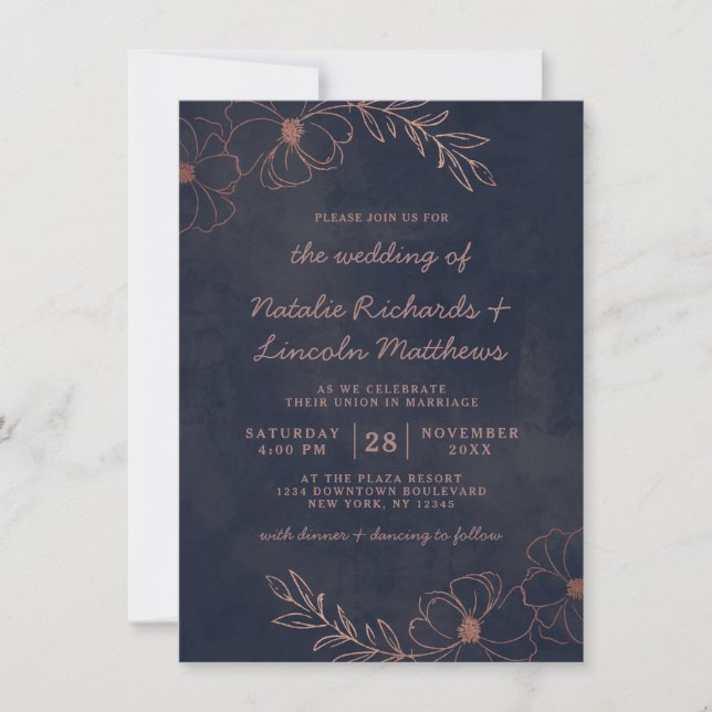 Navy Blue & Rose Gold Foil Floral Rustic Wedding Invitation (Front)