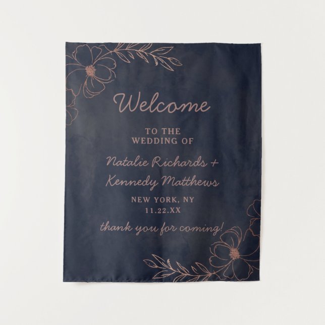 Navy Blue & Rose Gold Foil Floral Wedding Welcome Tapestry (Front)