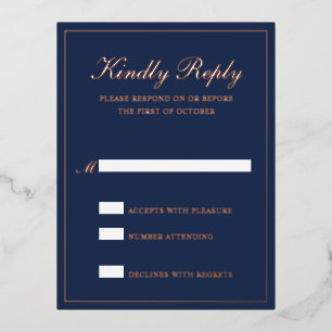 Navy Blue Rose Gold Foil Formal Wedding RSVP Card