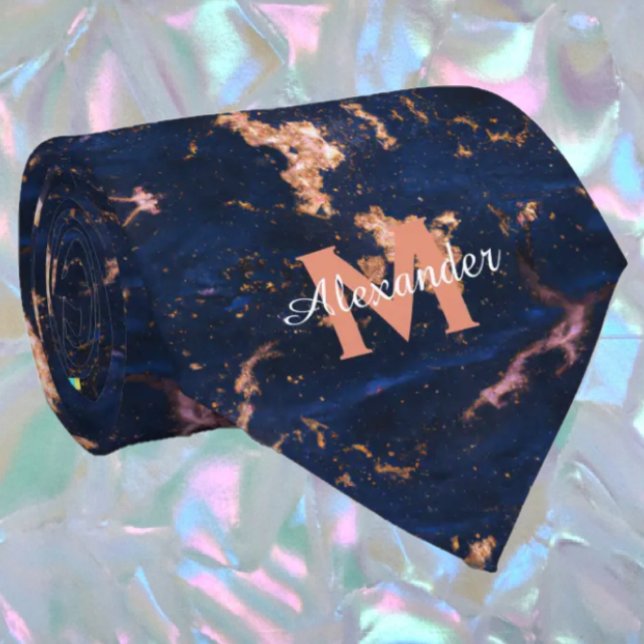 Navy Blue Rose Gold Foil Marble Monogram Tie (Creator Uploaded)