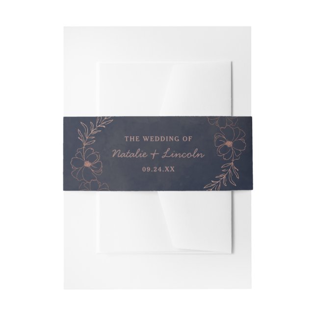 Navy Blue & Rose Gold Foil Rustic Wedding Monogram Invitation Belly Band (Front Example)