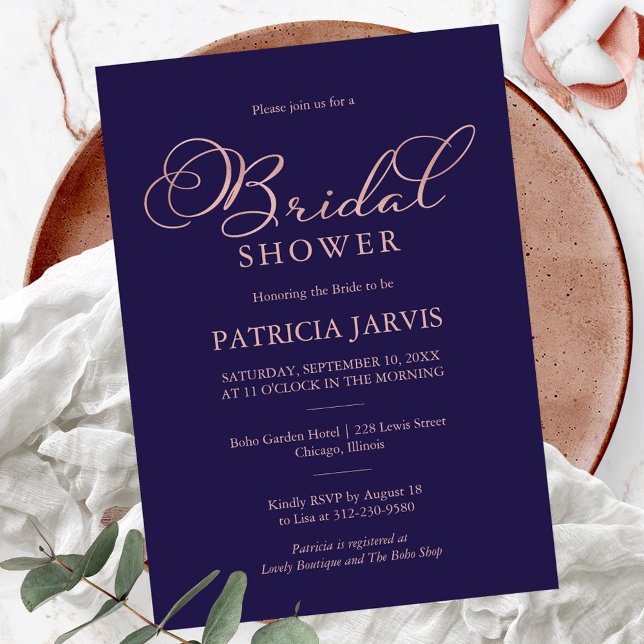 Navy Blue Rose Gold Foil Script Bridal Shower Invitation (Creator Uploaded)