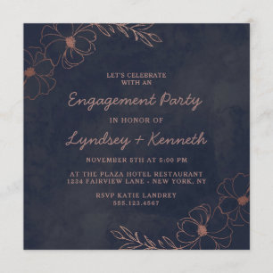 Navy Blue & Rose Gold Foil Square Engagement Party Invitation