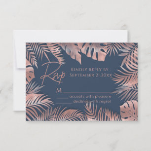 Navy blue rose gold foil tropical leaves romantic RSVP card