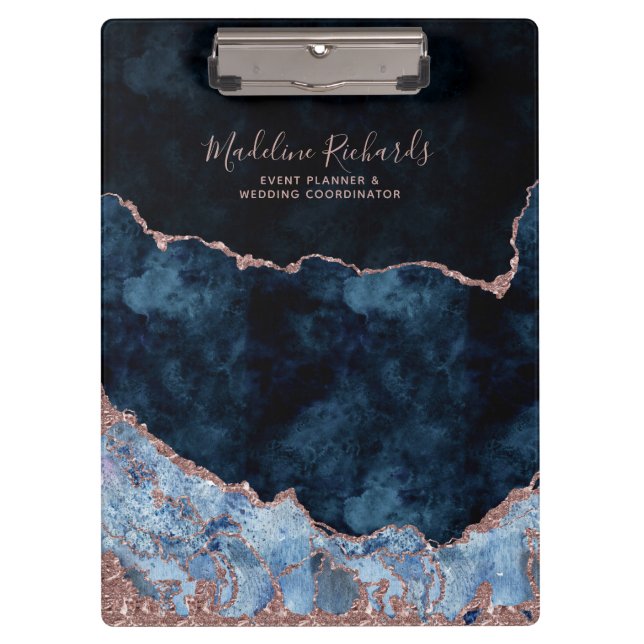 Navy Blue & Rose Gold Foil Watercolor Marble Agate Clipboard (Front)