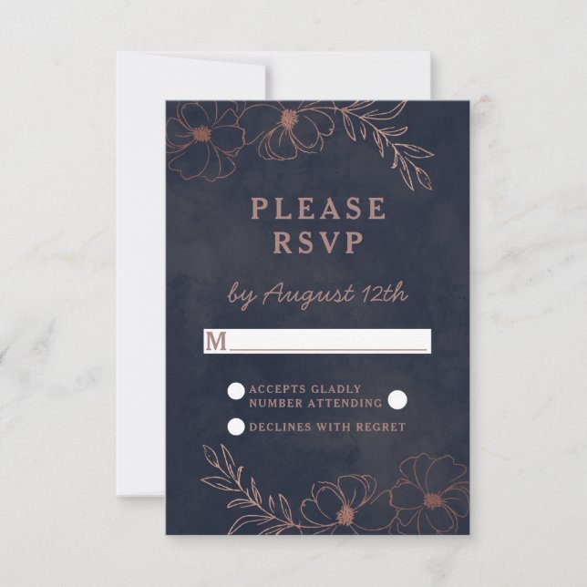 Navy Blue & Rose Gold Foil Wedding Chic RSVP Reply Card (Front)