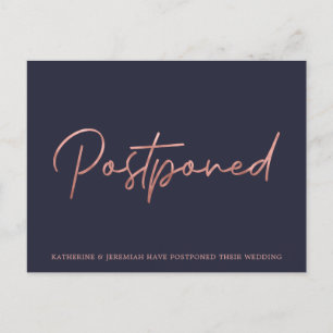 Navy Blue Rose Gold Foil Wedding Postponement Postcard
