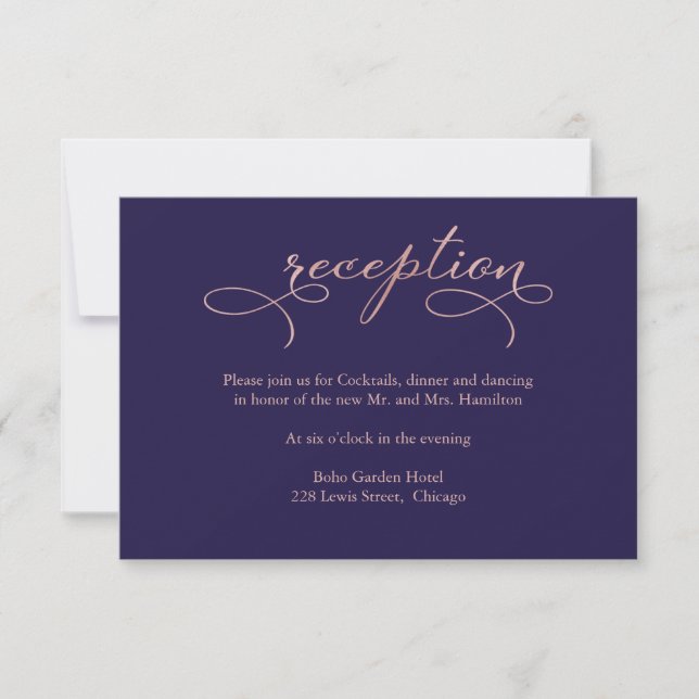 Navy Blue Rose Gold Foil Wedding Reception Card (Front)