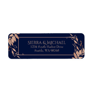 Navy Blue Rose Gold Foliage Wedding Return Address Label