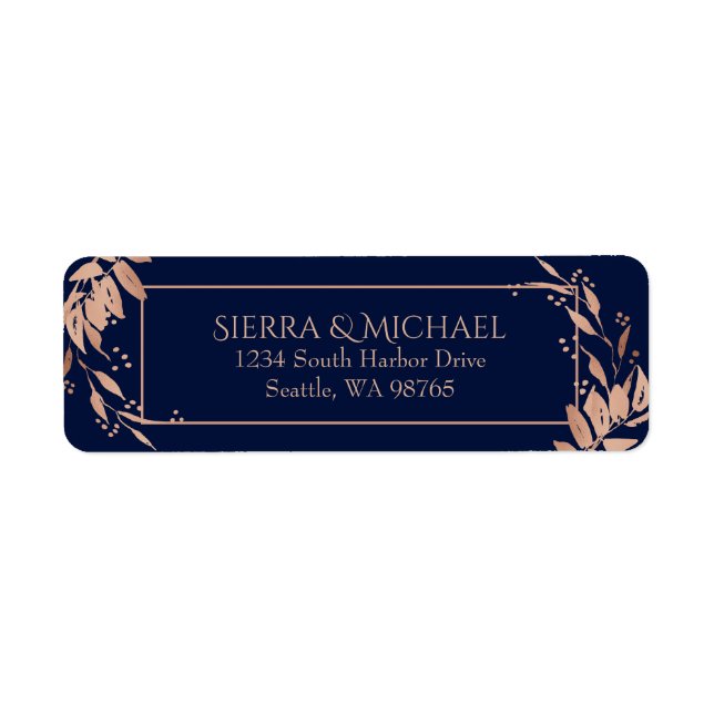 Navy Blue Rose Gold Foliage Wedding Return Address Label (Front)