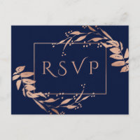 Navy Blue Rose Gold Foliage Wedding RSVP Postcard