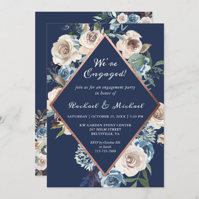Navy Blue Rose Gold Frame Floral Engagement Party Invitation (Front/Back)