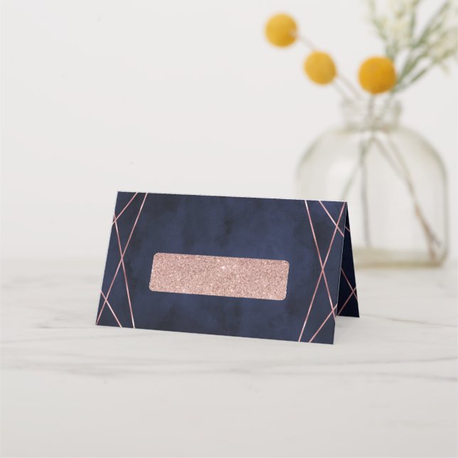 Navy Blue & Rose Gold Geometric Table Seating Place Card (Front)