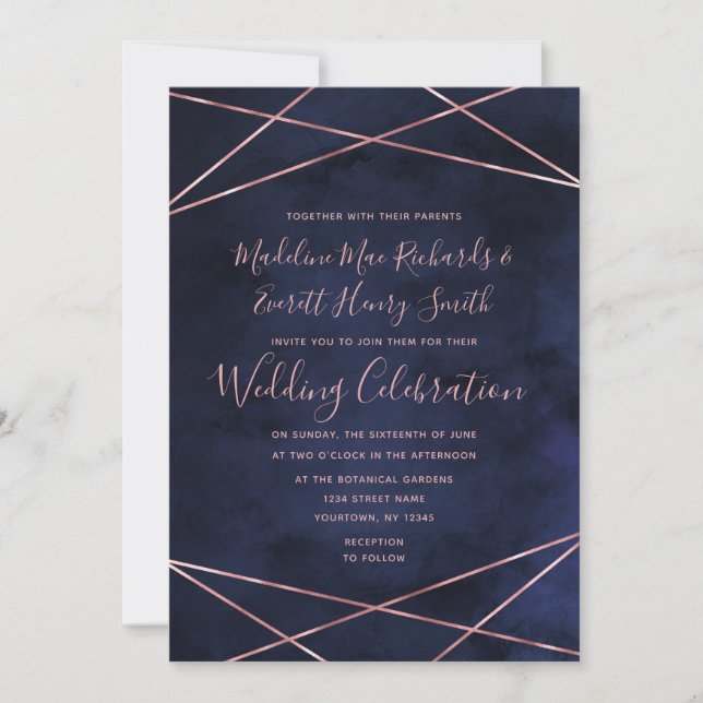 Navy Blue & Rose Gold Geometric Wedding Invitation (Front)