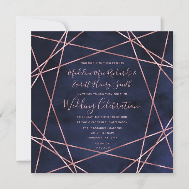 Navy Blue & Rose Gold Geometric Wedding Invitation (Front)