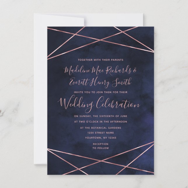 Navy Blue & Rose Gold Geometric Wedding Invitation (Front)