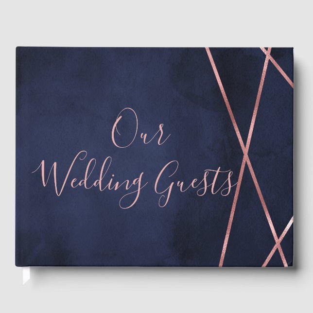 Navy Blue & Rose Gold Geometric Wedding Monogram Guest Book (Front)