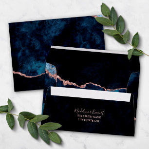 Navy Blue & Rose Gold Gilded Agate Marble Wedding Envelope