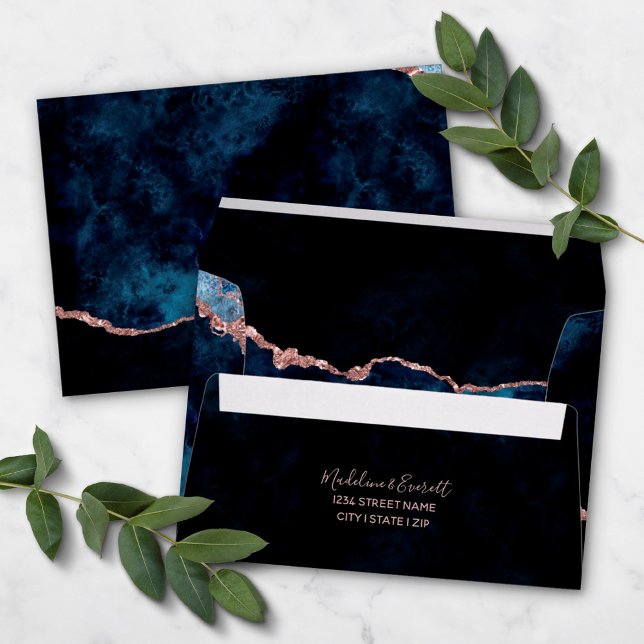 Navy Blue & Rose Gold Gilded Agate Marble Wedding Envelope (Creator Uploaded)