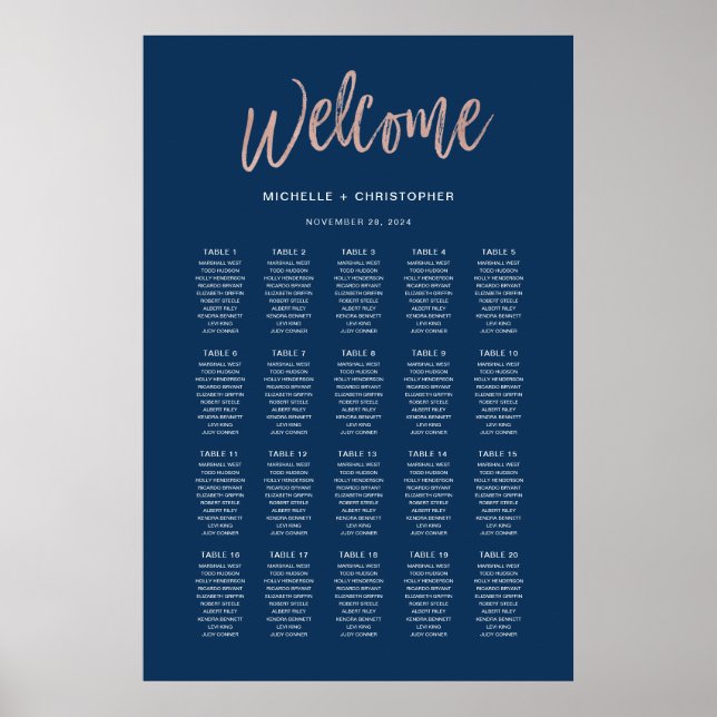 Navy Blue & Rose Gold Glam Chic Seating Chart (Front)
