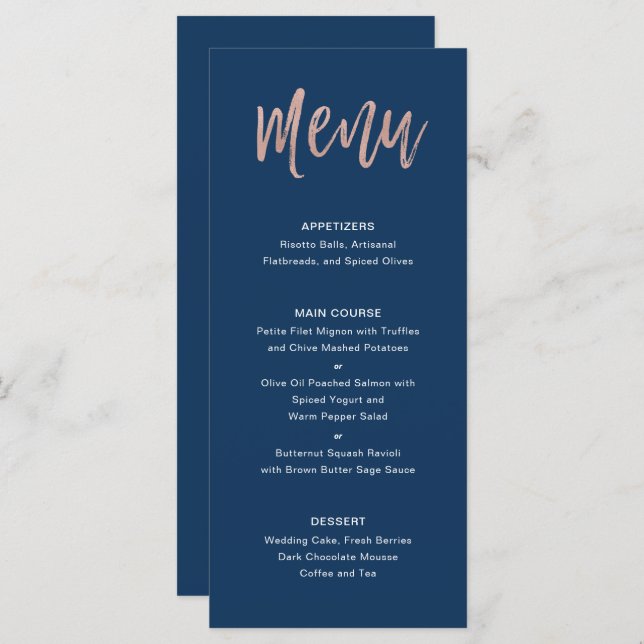 Navy Blue & Rose Gold glam Chic Wedding Menu (Front/Back)