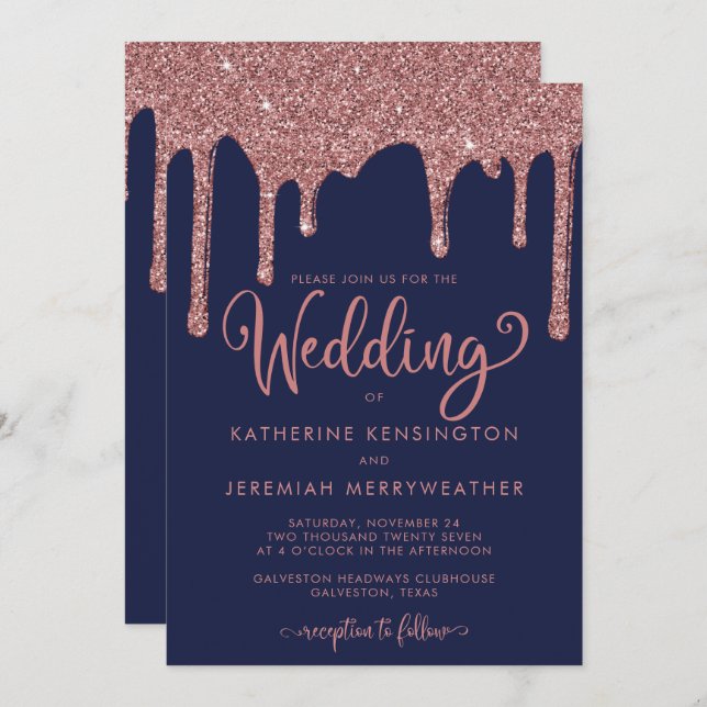 Navy Blue Rose Gold Glam Glitter Wedding Invitation (Front/Back)
