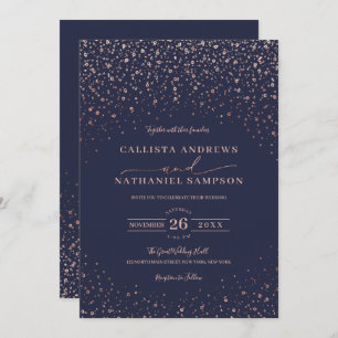 Navy Blue Rose Gold Glitter Confetti Wedding Invitation
