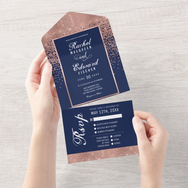 Navy Blue Rose Gold Glitter Confetti Wedding RSVP All In One Invitation (Tearaway)