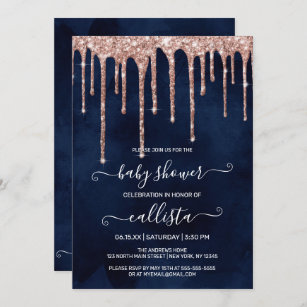 Navy Blue Rose Gold Glitter Drips Baby Shower Invitation
