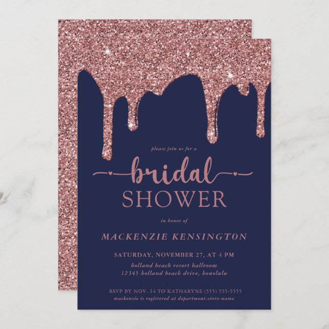 Navy Blue Rose Gold Glitter Drips Bridal Shower Invitation (Front/Back)