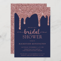 Navy Blue Rose Gold Glitter Drips Bridal Shower
