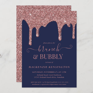 Navy Blue Rose Gold Glitter Drips Brunch Bubbly Invitation