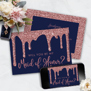Navy Blue Rose Gold Glitter Drips Maid of Honour Invitation