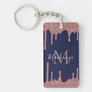 Navy Blue Rose Gold Glitter Drips Monogram Photo Key Ring