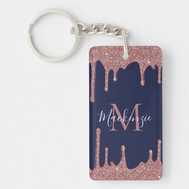 Navy Blue Rose Gold Glitter Drips Monogram Photo Key Ring (Front)