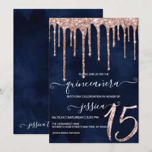 Navy Blue Rose Gold Glitter Drips Quinceañera Invitation