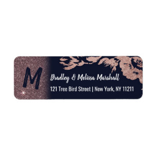 Navy Blue Rose Gold Glitter Floral Address Return Address Label