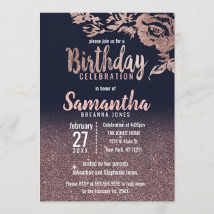 Navy Blue Rose Gold Glitter Floral Birthday Party Invitation