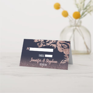Navy Blue Rose Gold Glitter Floral Place Cards